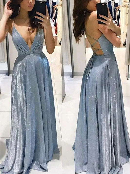 Lovely Blue A-Line Ruffles V-neck Sleeveless Sweep/Brush Train Prom Dress