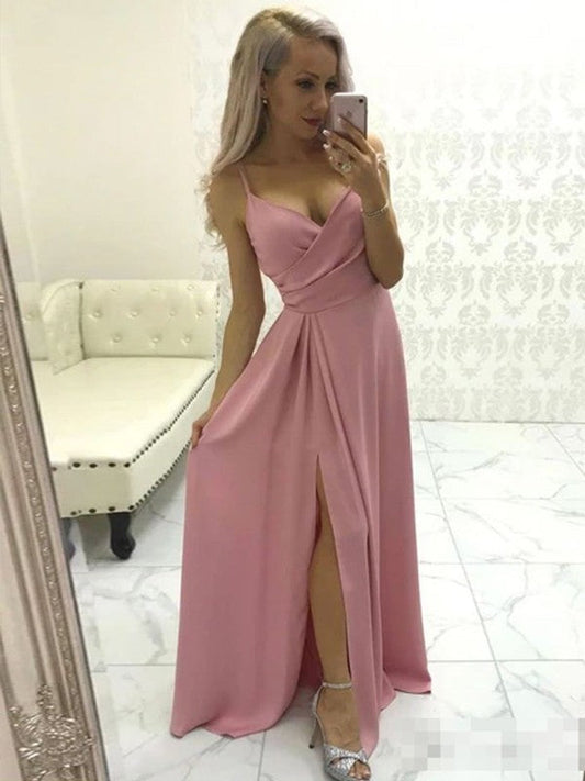 Lovely Pink A-Line Stretch Crepe Ruched V-neck Sleeveless Sweep/Brush Train Prom Dress