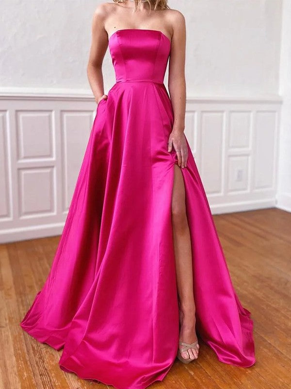 Lovely Fuchsia A-Line Satin Ruffles Strapless Sleeveless Sweep/Brush Train Prom Dress