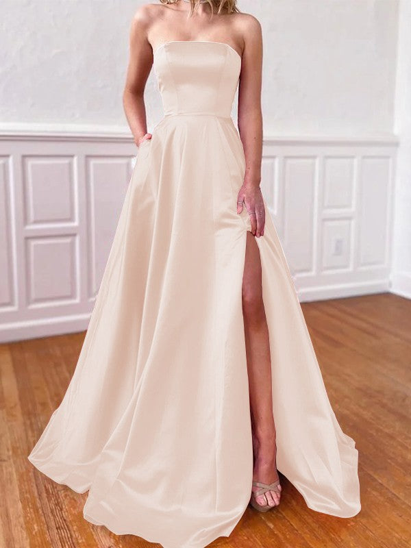 Lovely Fuchsia A-Line Satin Ruffles Strapless Sleeveless Sweep/Brush Train Prom Dress