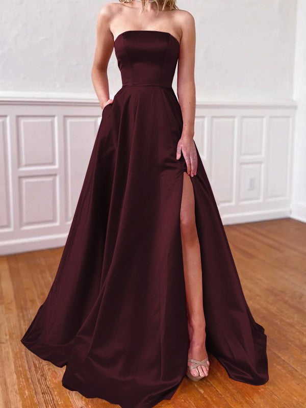 Lovely Fuchsia A-Line Satin Ruffles Strapless Sleeveless Sweep/Brush Train Prom Dress