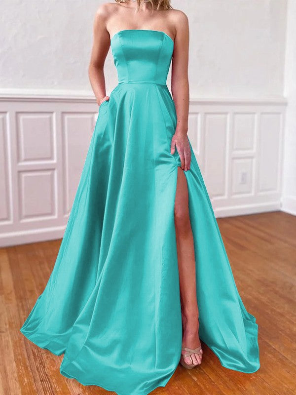 Lovely Fuchsia A-Line Satin Ruffles Strapless Sleeveless Sweep/Brush Train Prom Dress