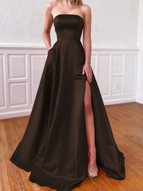 Lovely Fuchsia A-Line Satin Ruffles Strapless Sleeveless Sweep/Brush Train Prom Dress