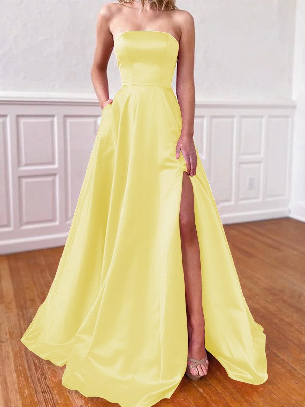 Lovely Fuchsia A-Line Satin Ruffles Strapless Sleeveless Sweep/Brush Train Prom Dress