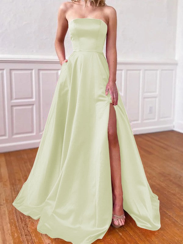 Lovely Fuchsia A-Line Satin Ruffles Strapless Sleeveless Sweep/Brush Train Prom Dress