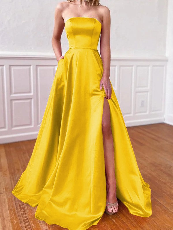 Lovely Fuchsia A-Line Satin Ruffles Strapless Sleeveless Sweep/Brush Train Prom Dress