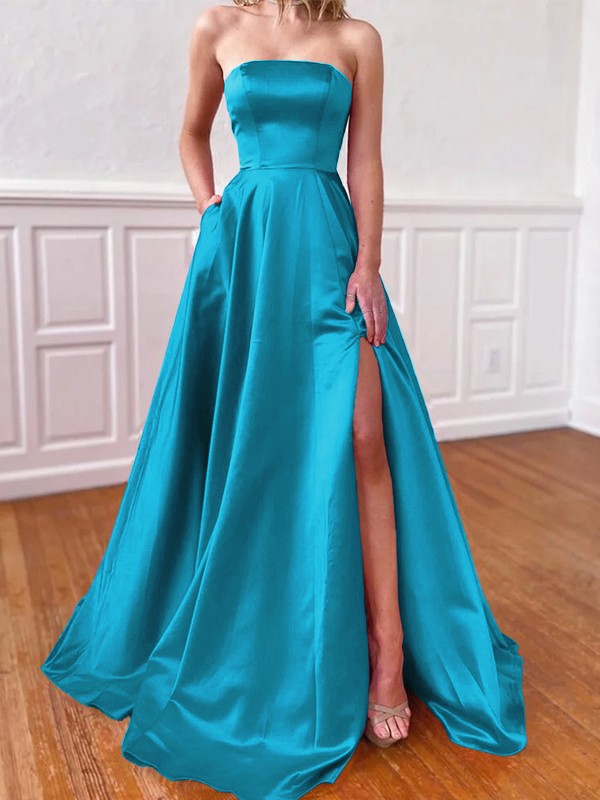 Lovely Fuchsia A-Line Satin Ruffles Strapless Sleeveless Sweep/Brush Train Prom Dress