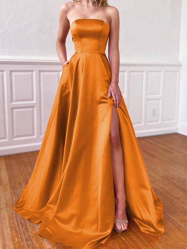 Lovely Fuchsia A-Line Satin Ruffles Strapless Sleeveless Sweep/Brush Train Prom Dress