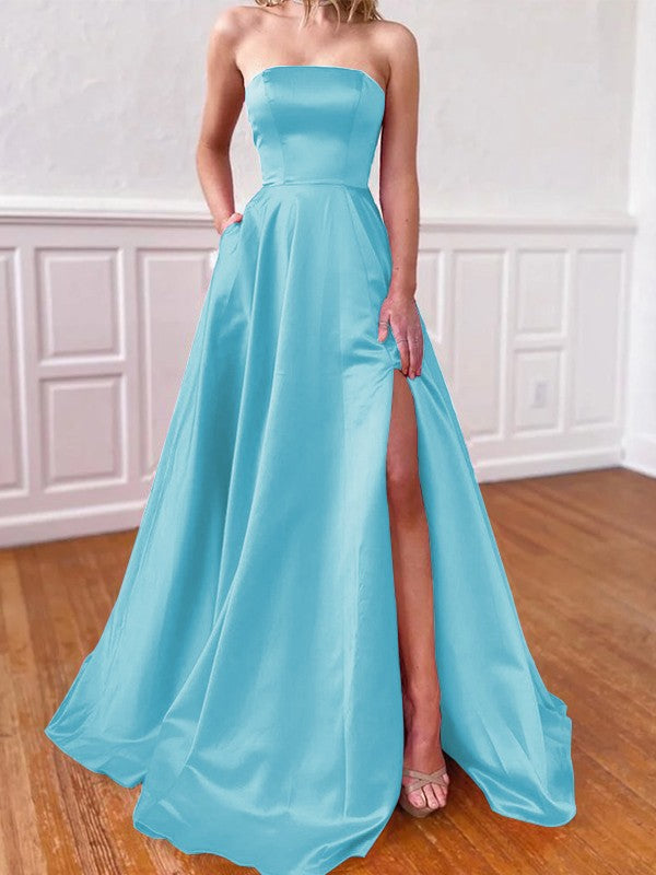 Lovely Fuchsia A-Line Satin Ruffles Strapless Sleeveless Sweep/Brush Train Prom Dress