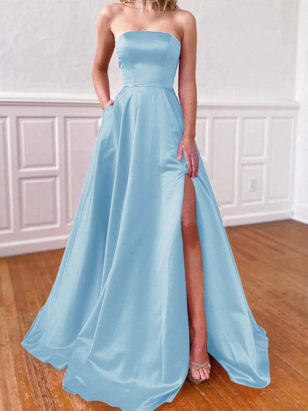 Lovely Fuchsia A-Line Satin Ruffles Strapless Sleeveless Sweep/Brush Train Prom Dress