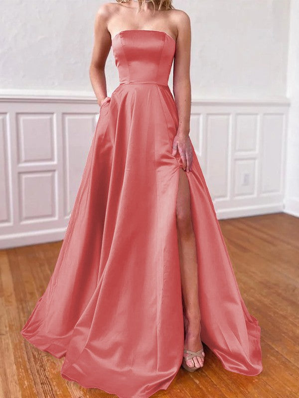 Lovely Fuchsia A-Line Satin Ruffles Strapless Sleeveless Sweep/Brush Train Prom Dress