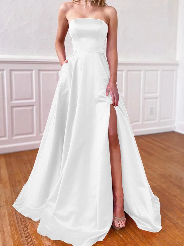 Lovely Fuchsia A-Line Satin Ruffles Strapless Sleeveless Sweep/Brush Train Prom Dress