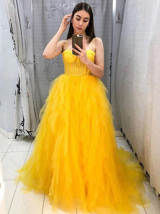 Gorgeous Daffodil A-Line Tulle Ruffles Spaghetti Straps Sleeveless Sweep/Brush Train Prom Dress