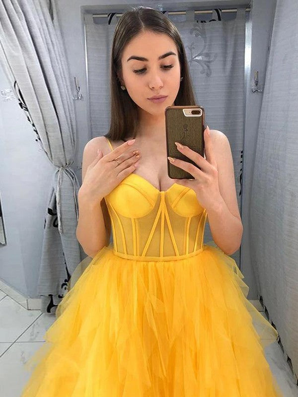 Gorgeous Daffodil A-Line Tulle Ruffles Spaghetti Straps Sleeveless Sweep/Brush Train Prom Dress