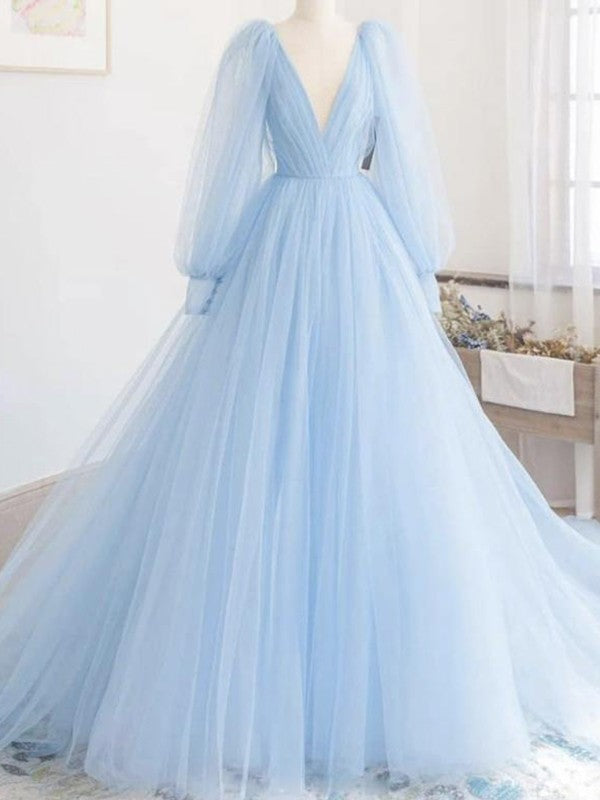 Super Light Sky Blue A-Line Tulle Ruffles V-neck Long Sleeves Sweep/Brush Train Prom Dress