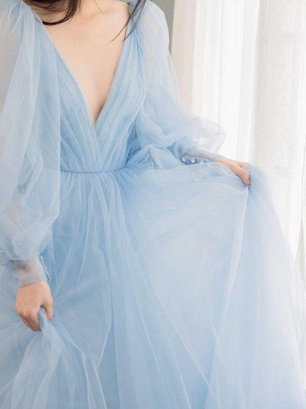 Super Light Sky Blue A-Line Tulle Ruffles V-neck Long Sleeves Sweep/Brush Train Prom Dress