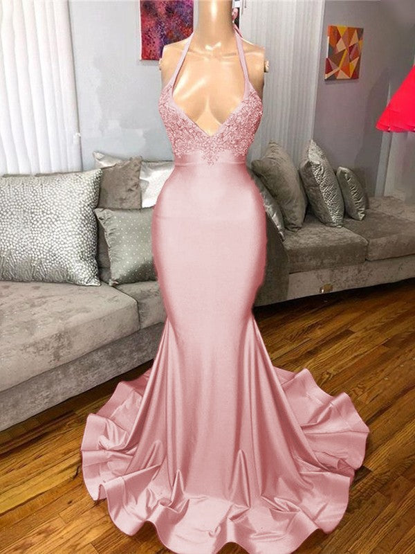 Gorgeous Pink Mermaid Charmeuse Ruffles V-neck Sleeveless Sweep/Brush Train Prom Dress