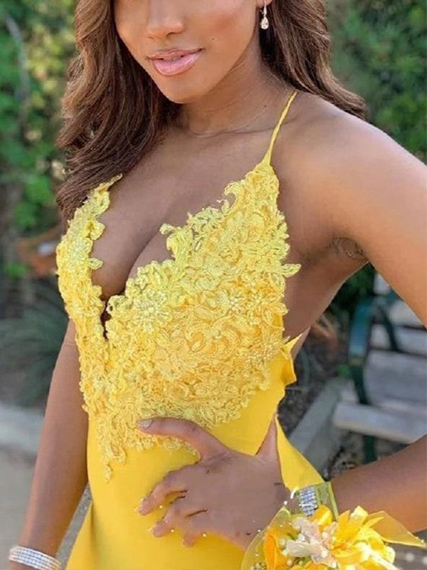 Gorgeous Daffodil Mermaid Stretch Crepe Applique V-neck Sleeveless Sweep/Brush Train Prom Dress