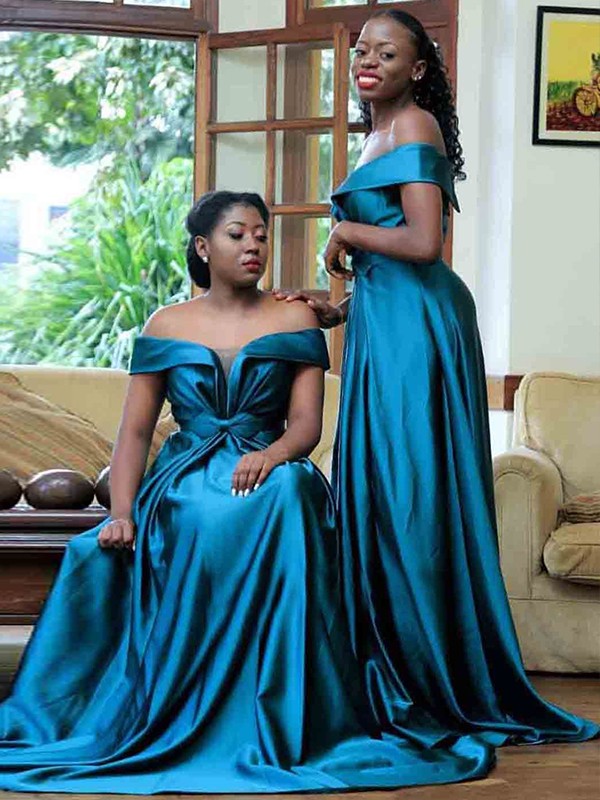 A-Line/Princess Silk like Satin Ruffles Off-the-Shoulder Sleeveless Sweep/Brush Train Bridesmaid Dresses