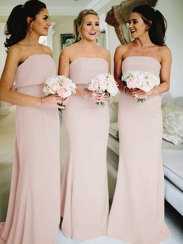 Sheath/Column Stretch Crepe Ruffles Strapless Sleeveless Sweep/Brush Train Bridesmaid Dresses