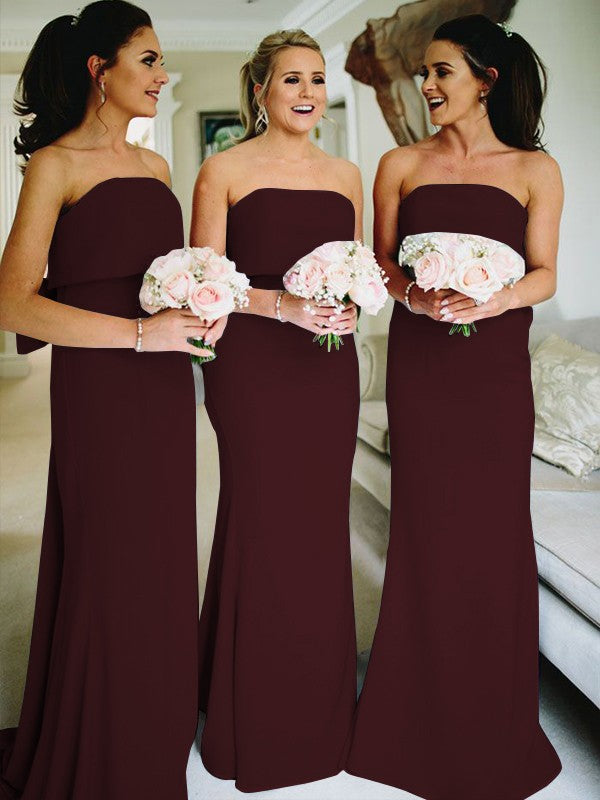 Sheath/Column Stretch Crepe Ruffles Strapless Sleeveless Sweep/Brush Train Bridesmaid Dresses