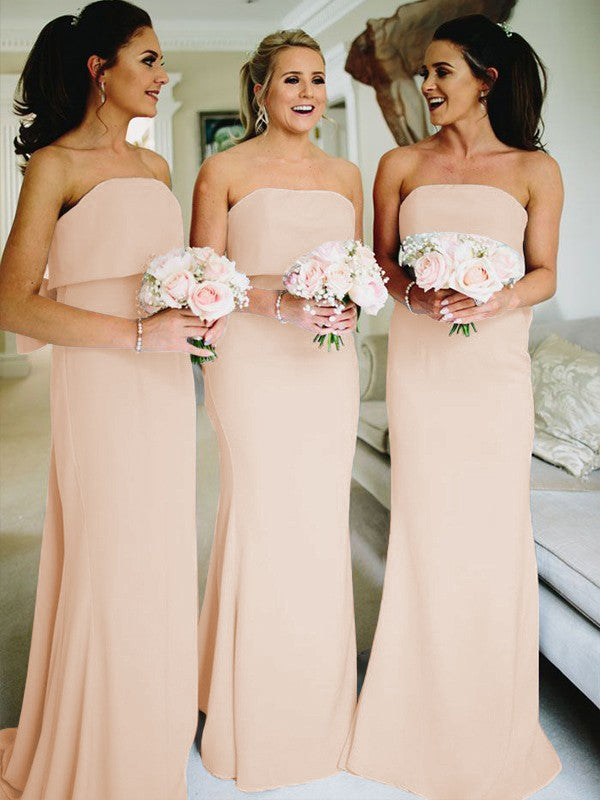 Sheath/Column Stretch Crepe Ruffles Strapless Sleeveless Sweep/Brush Train Bridesmaid Dresses