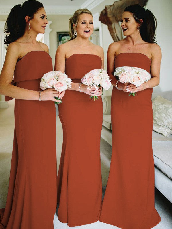 Sheath/Column Stretch Crepe Ruffles Strapless Sleeveless Sweep/Brush Train Bridesmaid Dresses