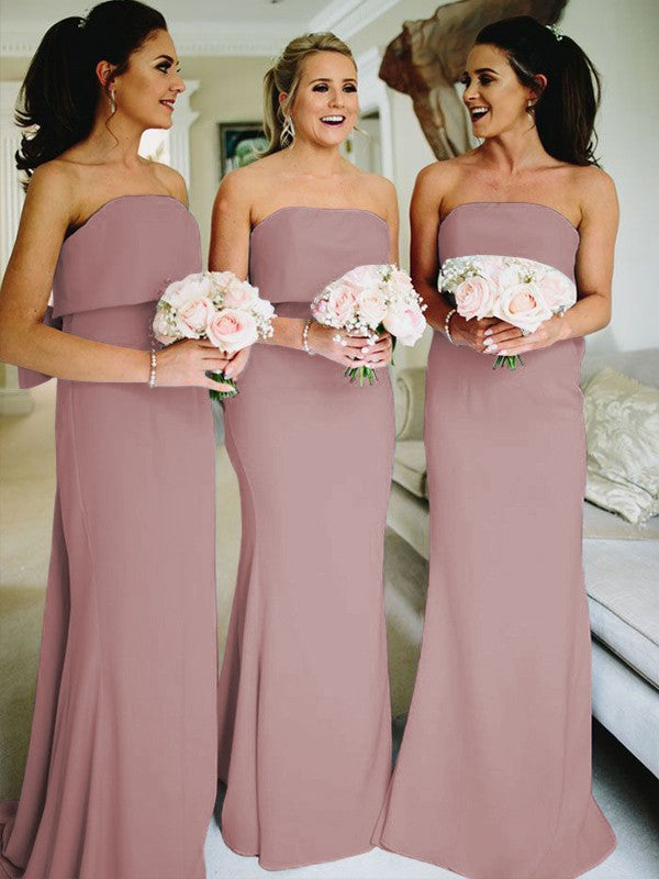 Sheath/Column Stretch Crepe Ruffles Strapless Sleeveless Sweep/Brush Train Bridesmaid Dresses