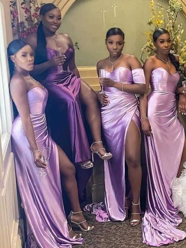 Sheath/Column Silk like Satin Ruched Sweetheart Sleeveless Sweep/Brush Train Bridesmaid Dresses