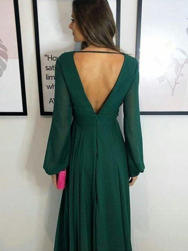 A-Line/Princess Chiffon Ruffles V-neck Long Sleeves Sweep/Brush Train Bridesmaid Dresses