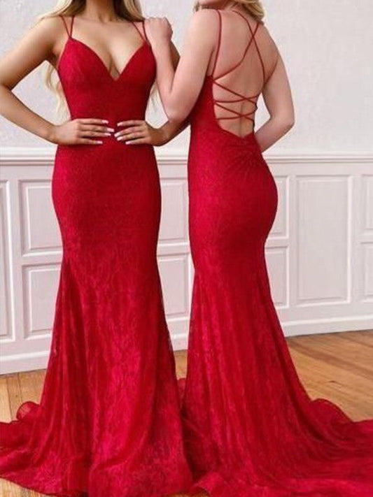 Confident Option Sheath Lace Ruffles V-neck Sleeveless Sweep/Brush Train Prom Dress