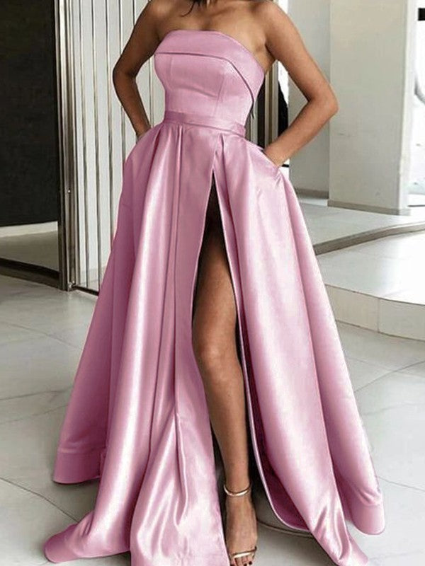 Styled to Smile Princess Style Satin Ruffles Strapless Sleeveless Sweep/Brush Train Prom Dress