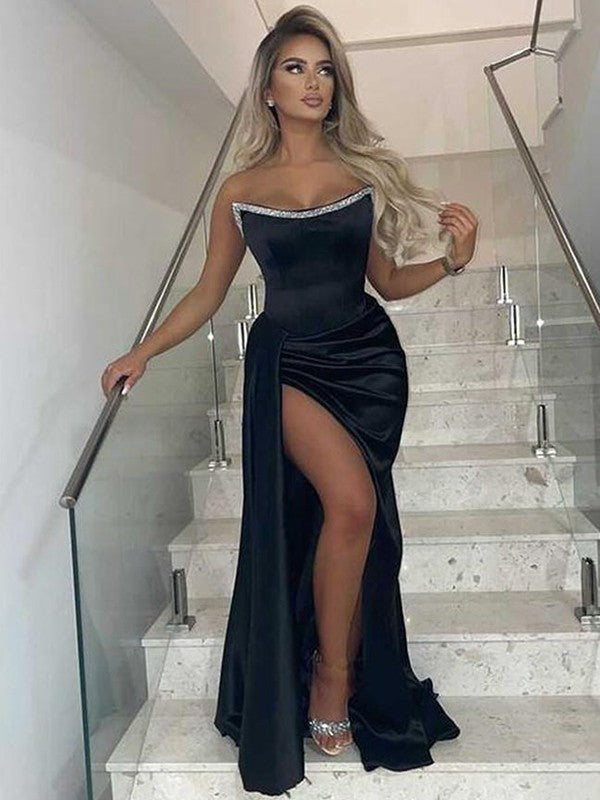 Open to Adoration Sheath Style Satin Ruched Strapless Sleeveless Sweep/Brush Train Prom Dress