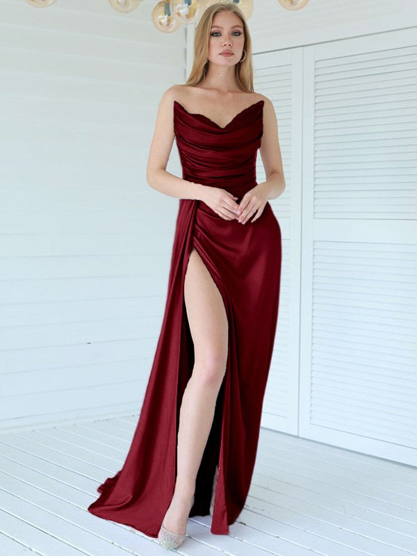 Aesthetic Honesty Sheath Silk like Satin Ruched Sweetheart Sleeveless Sweep/Brush Train Prom Dress