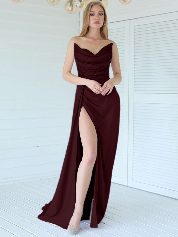 Aesthetic Honesty Sheath Silk like Satin Ruched Sweetheart Sleeveless Sweep/Brush Train Prom Dress