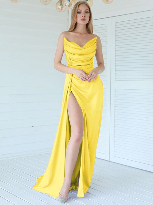 Aesthetic Honesty Sheath Silk like Satin Ruched Sweetheart Sleeveless Sweep/Brush Train Prom Dress
