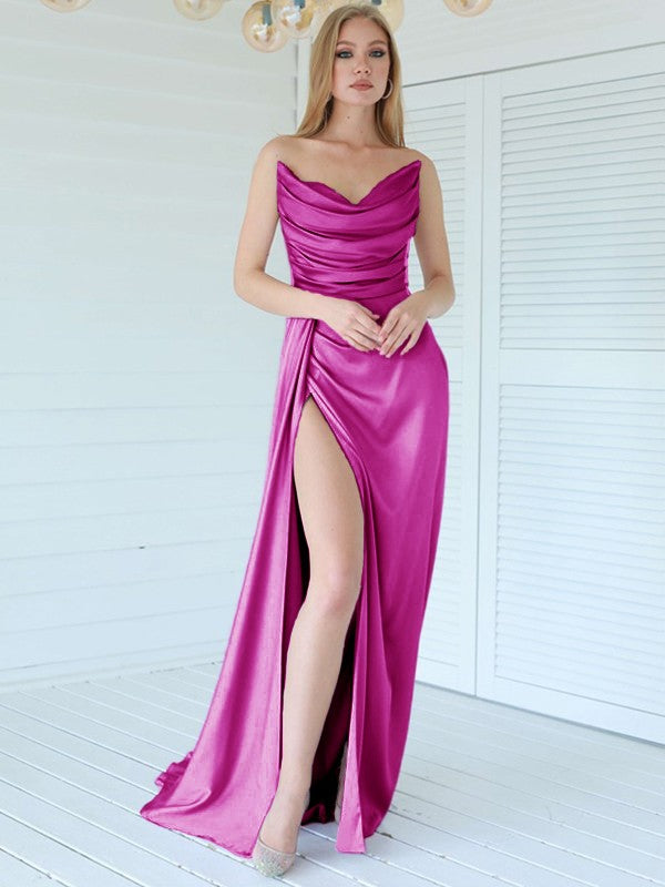 Aesthetic Honesty Sheath Silk like Satin Ruched Sweetheart Sleeveless Sweep/Brush Train Prom Dress