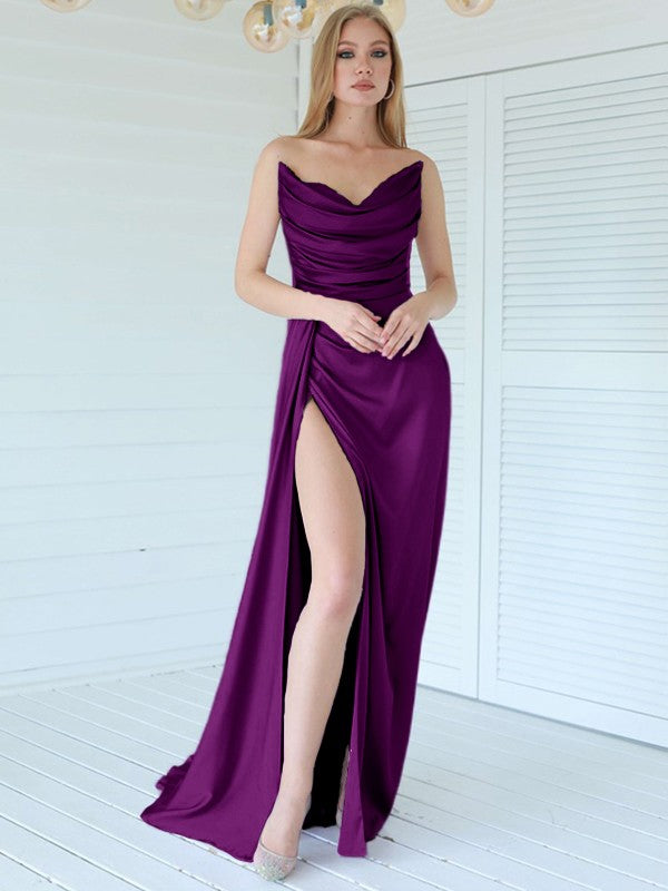 Aesthetic Honesty Sheath Silk like Satin Ruched Sweetheart Sleeveless Sweep/Brush Train Prom Dress