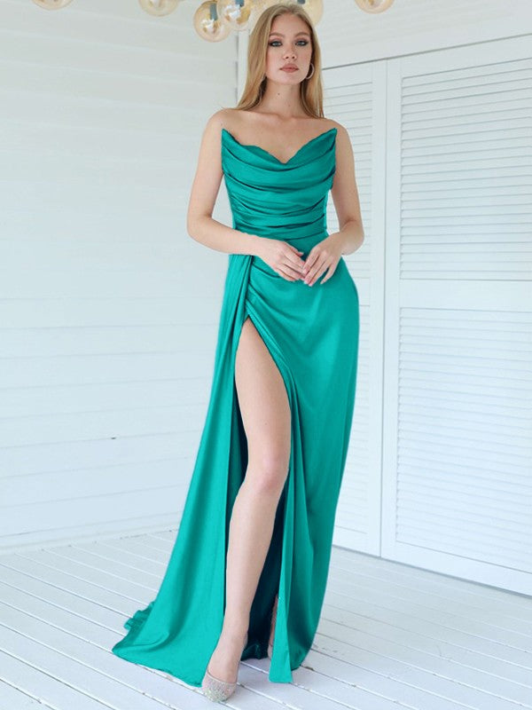 Aesthetic Honesty Sheath Silk like Satin Ruched Sweetheart Sleeveless Sweep/Brush Train Prom Dress