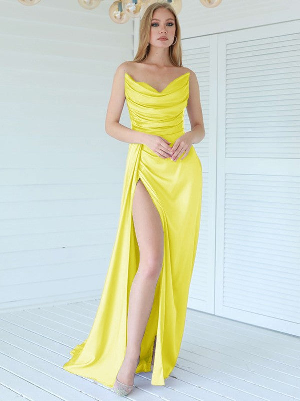 Aesthetic Honesty Sheath Silk like Satin Ruched Sweetheart Sleeveless Sweep/Brush Train Prom Dress