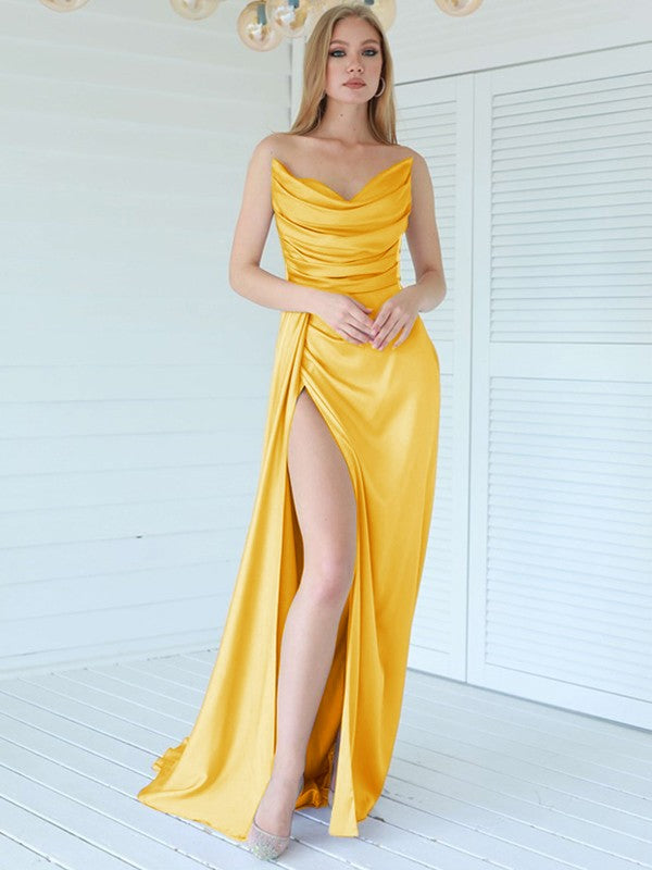 Aesthetic Honesty Sheath Silk like Satin Ruched Sweetheart Sleeveless Sweep/Brush Train Prom Dress
