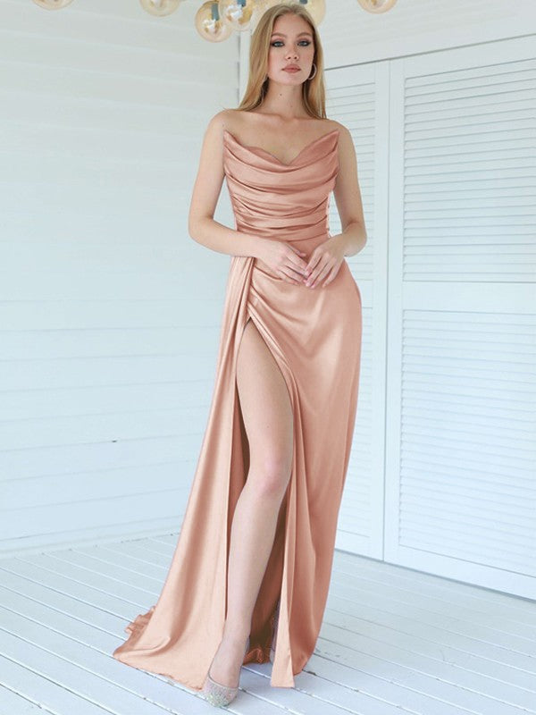 Aesthetic Honesty Sheath Silk like Satin Ruched Sweetheart Sleeveless Sweep/Brush Train Prom Dress