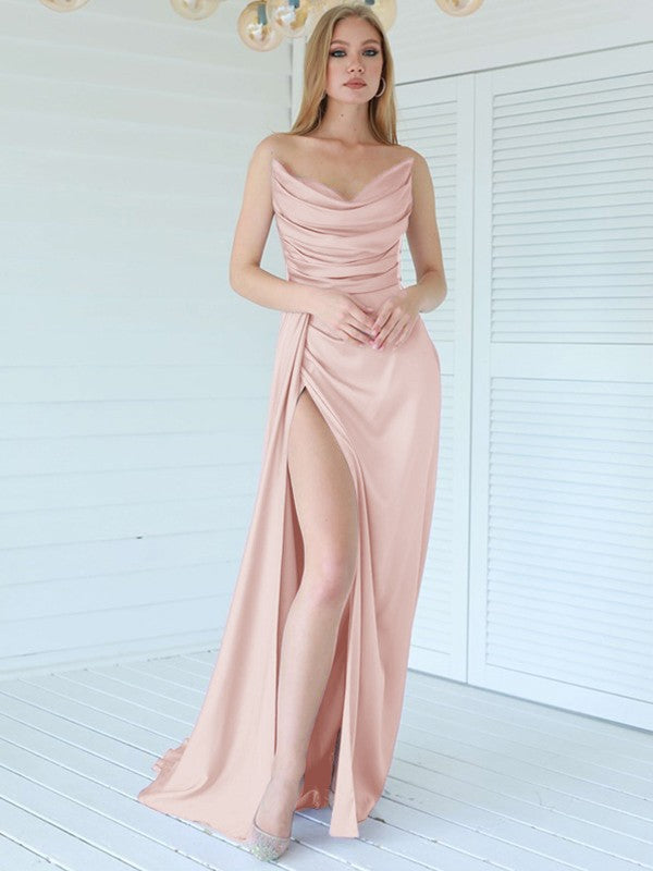 Aesthetic Honesty Sheath Silk like Satin Ruched Sweetheart Sleeveless Sweep/Brush Train Prom Dress