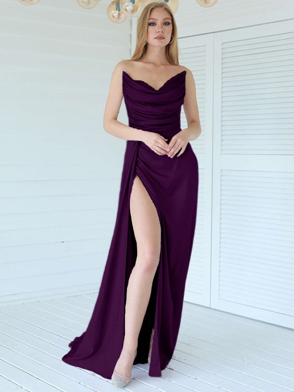 Aesthetic Honesty Sheath Silk like Satin Ruched Sweetheart Sleeveless Sweep/Brush Train Prom Dress