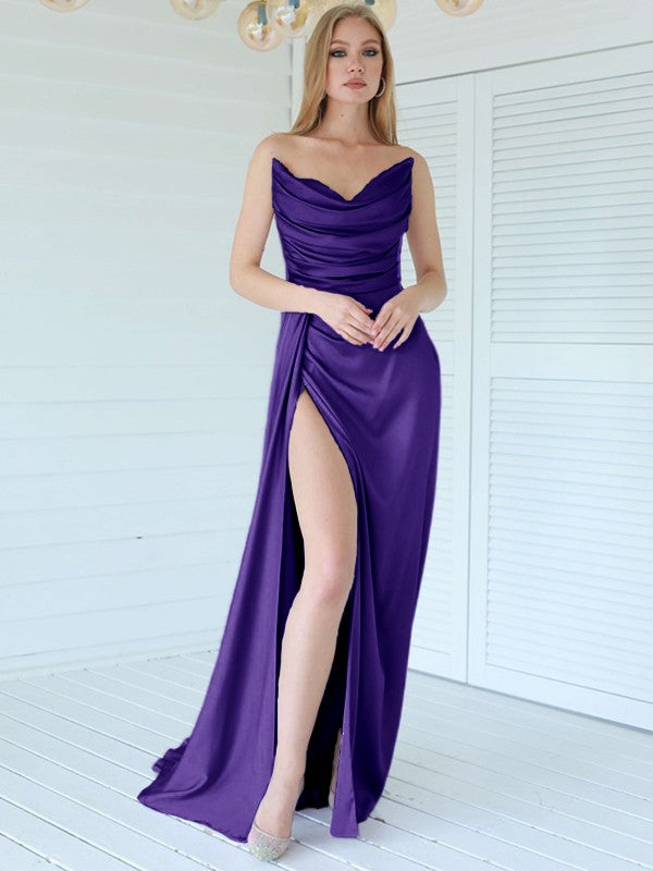 Aesthetic Honesty Sheath Silk like Satin Ruched Sweetheart Sleeveless Sweep/Brush Train Prom Dress