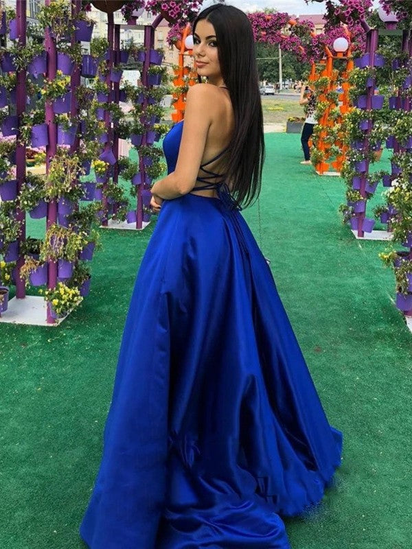 Open to Adoration Princess Style Satin Ruffles Spaghetti Straps Sleeveless Sweep/Brush Train Prom Dress
