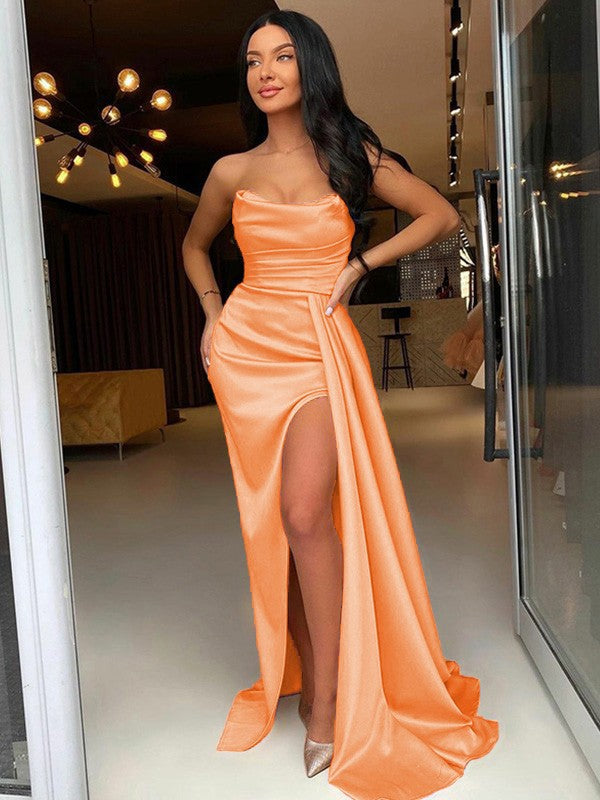 Too Much Fun Sheath Style Elastic Woven Satin Ruched Strapless Sleeveless Sweep/Brush Train Prom Dress