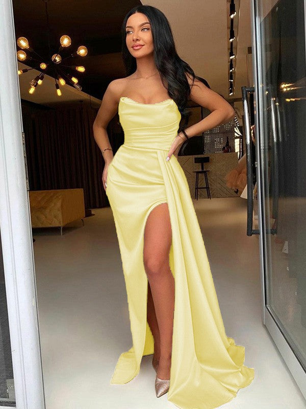 Too Much Fun Sheath Style Elastic Woven Satin Ruched Strapless Sleeveless Sweep/Brush Train Prom Dress