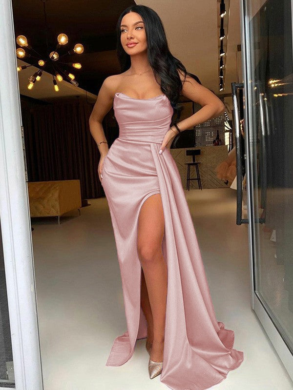 Too Much Fun Sheath Style Elastic Woven Satin Ruched Strapless Sleeveless Sweep/Brush Train Prom Dress