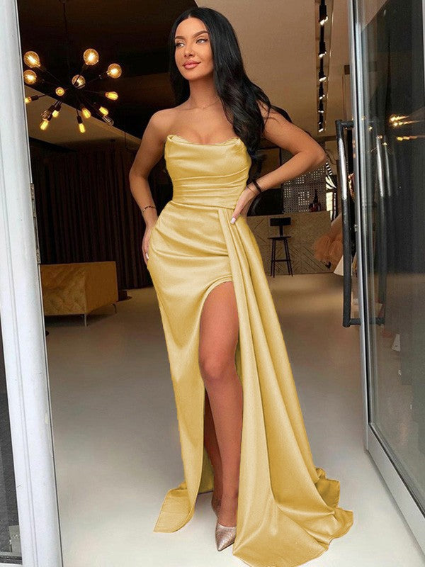 Too Much Fun Sheath Style Elastic Woven Satin Ruched Strapless Sleeveless Sweep/Brush Train Prom Dress